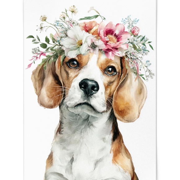 Watercolor Beagle Dog Wall Art Print – Floral Crown Dog Illustration | Unframed - Picture 2 of 5
